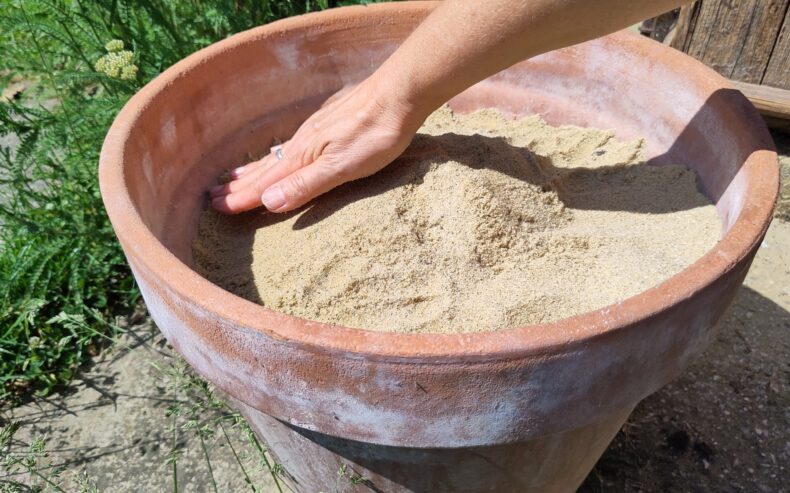 Den Sand festklopfen und in der Mitte einen kleinen Hügel formen.