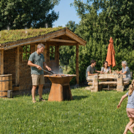 Im Hintergrund eine Campinghütte, davor steht ein Mann beim Grillen, ein Mädchen udn ein Bub spielmn Fußball und im Hintergrund sitzen drei Personen an einem Holztisch und essen