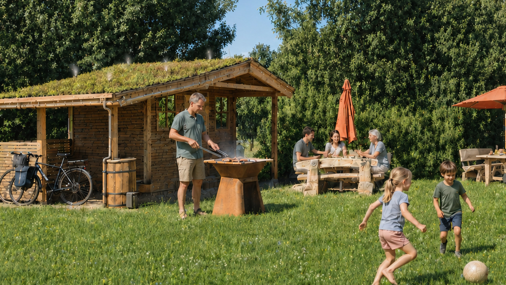 Im Hintergrund eine Campinghütte, davor steht ein Mann beim Grillen, ein Mädchen udn ein Bub spielmn Fußball und im Hintergrund sitzen drei Personen an einem Holztisch und essen