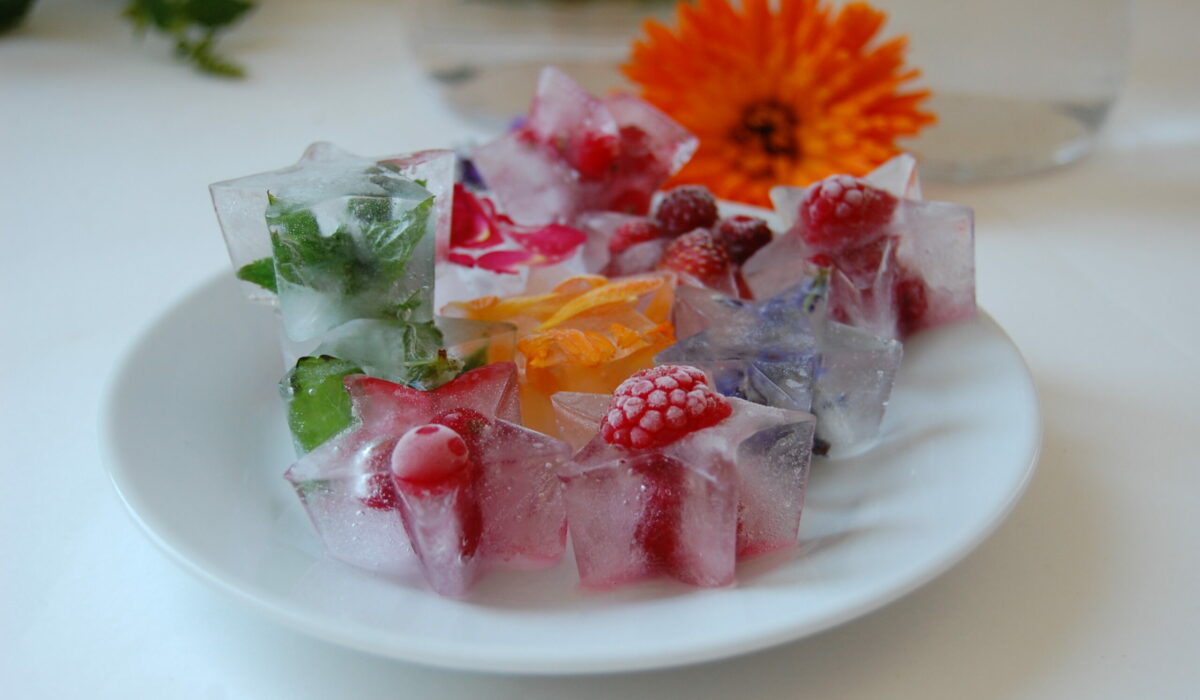 Eiswürfel mit Blüten und Früchten
