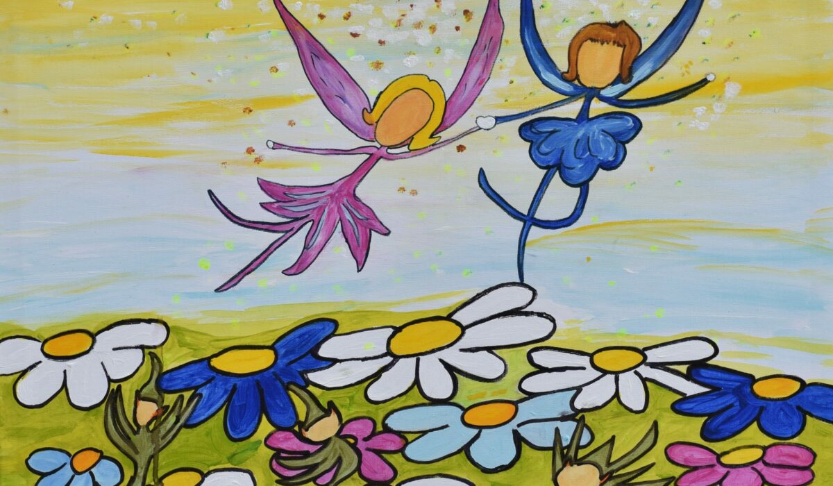 selbst gemaltes Bild von Elisabeth Koppensteiner, bunte Blumenwiese mit zwei Feen