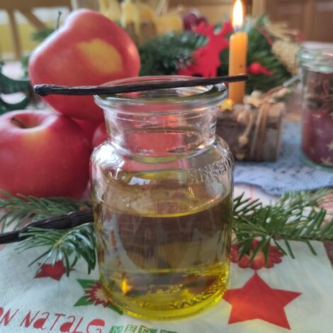 Vanilleschoten und Vanilleöl mit Weihnachtliche Dekoration und Kosmetik