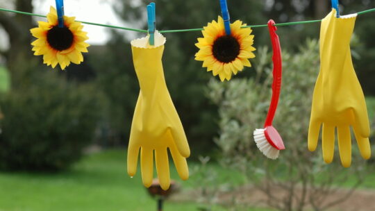 Gelbe Gummihandschuhe und Spülbürste hängen an Wäscheleine.