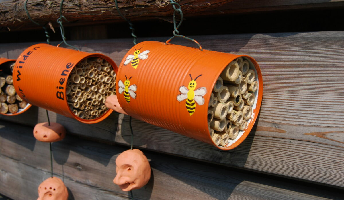 Zwei orange bemalte Dosen mit aufgemalten Bienen und mit Bambus und Schilf gefüllt