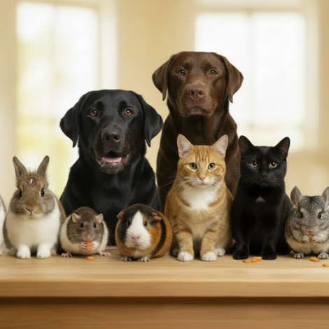 Die beliebtesten Haustiere gemeinsam am Bild.