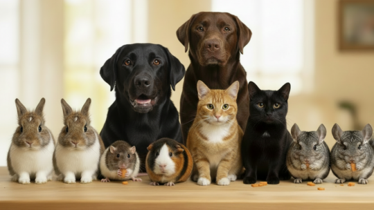 Die beliebtesten Haustiere gemeinsam am Bild.