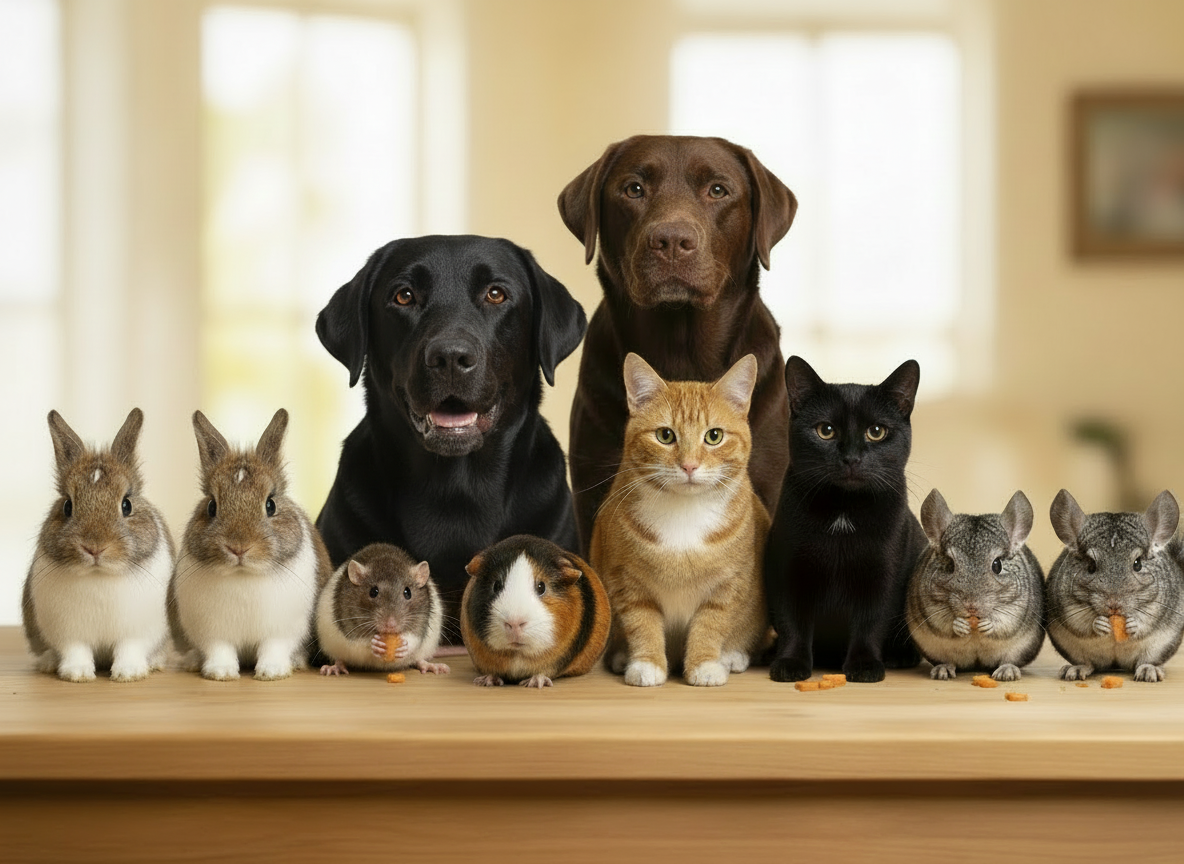 Die beliebtesten Haustiere gemeinsam am Bild.