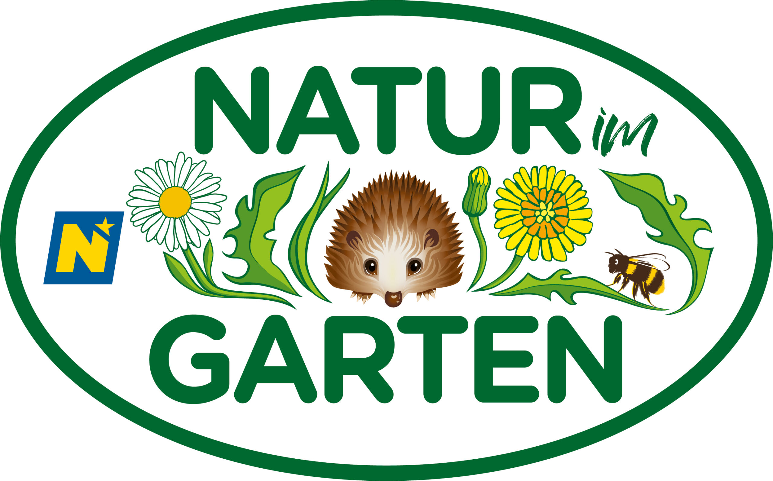 Logo von Natur im Garten mit Igel, Biene und Löwenzahn