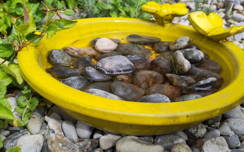 Gelbe Keramikschale gefüllt mit Steinen und Wasser