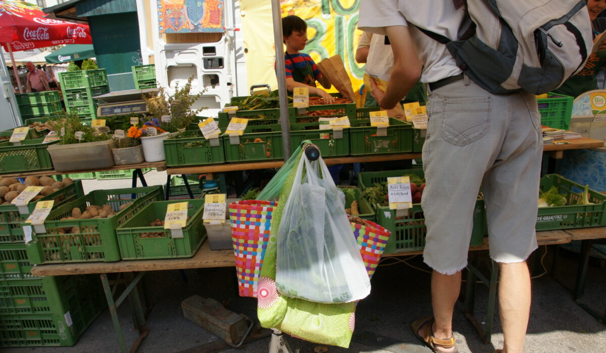 Einkauf am Markt mit Taschen und Sackerl