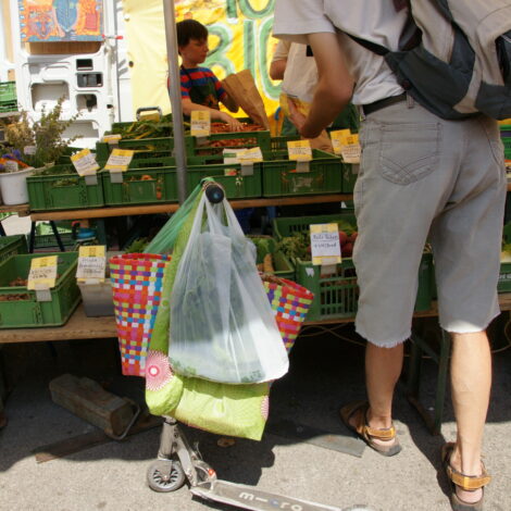 Einkauf am Markt mit Taschen und Sackerl