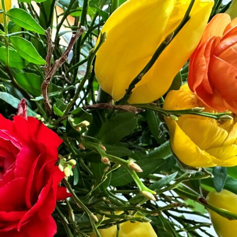 Blumenstrauß mit Tulpen und Rosen.