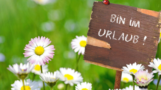 Holzschild mit der Aufschrift "Bin im Urlaub" zwischen Gänseblümchen.