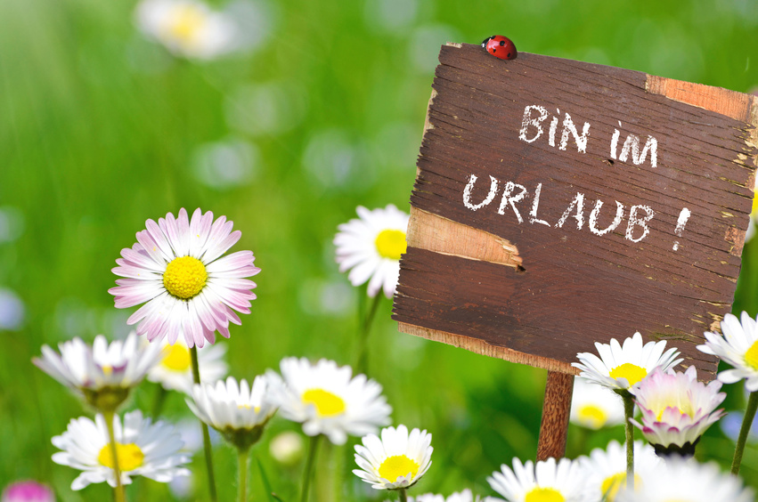 Holzschild mit der Aufschrift "Bin im Urlaub" zwischen Gänseblümchen.