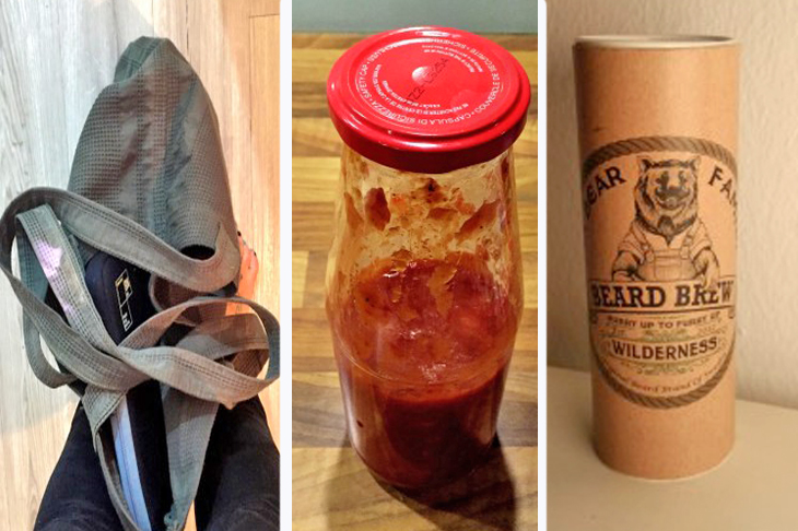 Diverse Transport-Verpackungen: Sackerl, Tomatenpulpaflasche und eine Kartonrolle
