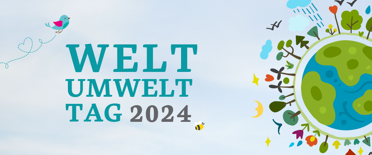 Grafik Weltkugel mit Blumen und Bäumen zum Weltumwelttag 2024