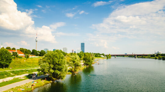 Blick auf die Donauinsel mit Donau und Bäumen und Donauturm im Hintergrund