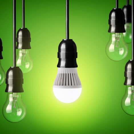 LED-Lampe und einfache Glühbirnen. Grüner Hintergrund.