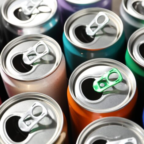 Viele bunte, leere Getränkealuminiumdosen