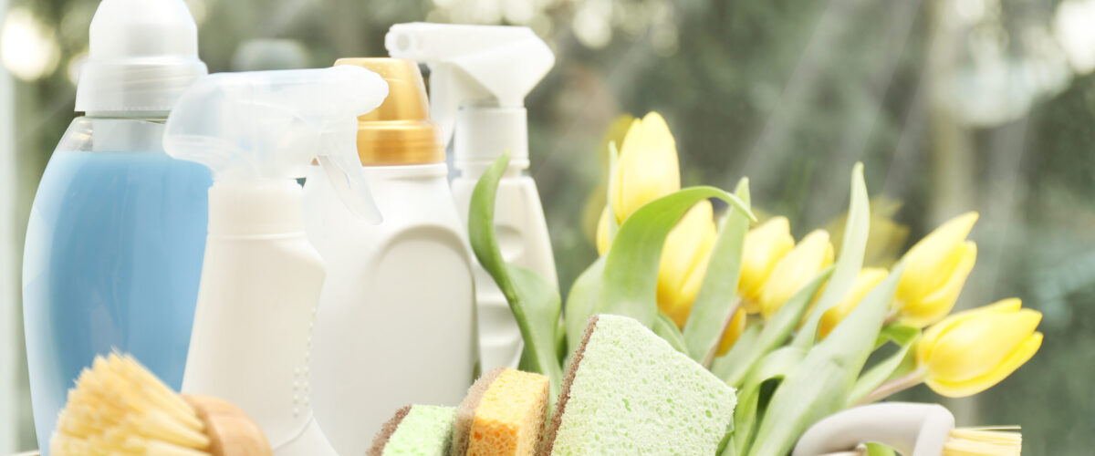 Frühjahrsputz. Reinigungsmittel, Zubehör und Tulpen auf der Fensterbank