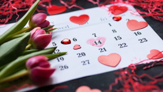 Kalenderblatt auf dem der 14 Februar mit einem Herz markiert ist und Tulpen drauf liegen