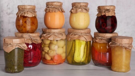 Eingelegtes Obst und Gemüse in verschieden geformten Einmachgläser
