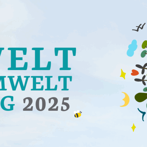 Sujet Weltumwelttag 2025 - Erdkugel mit Bäumen, Blumen und Tieren