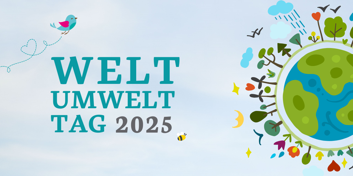 Sujet Weltumwelttag 2025 - Erdkugel mit Bäumen, Blumen und Tieren